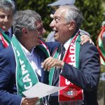 portugal coach Fernando Santos, left, is greeted by the president Marcelo Rebelo de Sousa