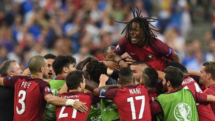 portugal wins euro  renato sanchez jumps on his teammates