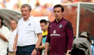 Former England coach Roy Hodgson with Gary Neville. 