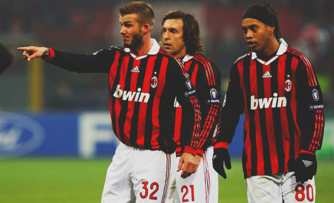 Ronaldinho with David Beckham and Andrea Pirlo during his AC Milan days.