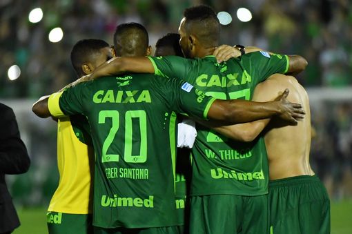 Brazil's Chapecoense footballers celebrate after defeating Argentina's San Lorenzo.