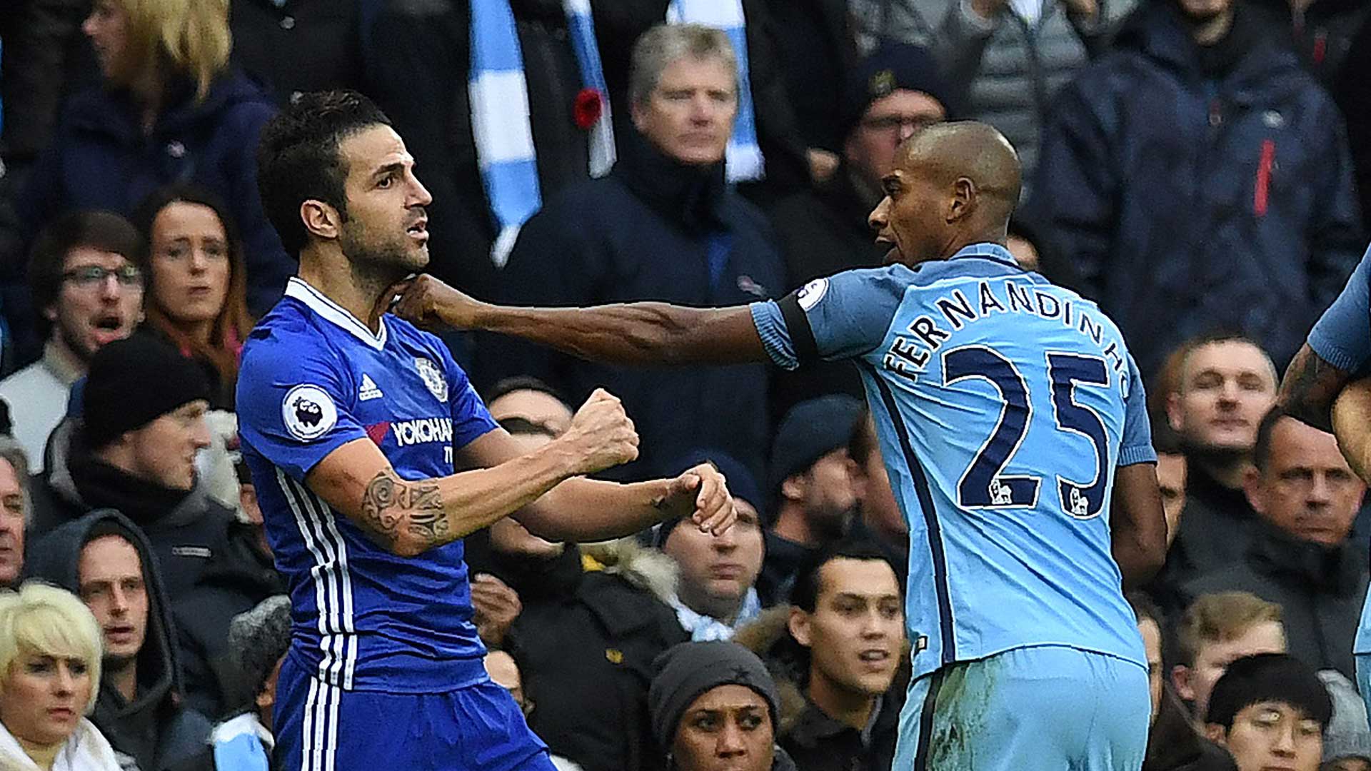 Fernandinho grabbed Cesc by the throat and pushed him over the ad hoardings.