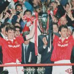 Steve Bruce and Bryan Robson lift United’s first Premier League trophy in 1992-93
