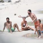 Barcelona teammate Luis Suarez and his wife Sofia watched the sand fight