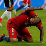 Vidal reacts after missing a chance in the second half after Marc-Andre ter Stegen tipped over an attempt