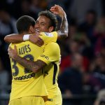 Dani Alves celebrates with pal Neymar after he opened his PSG account