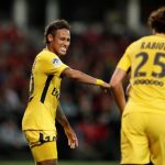 Neymar and Edinson Cavani celebrate PSG’s own-goal opener