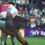 The Spurs star is tackled by the Saracens forward