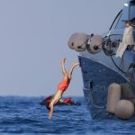 Zlatan Ibrahimovic touches down in the warmth of the summer sea following ‘textbook’ dive