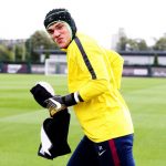 Ederson was back in training for Manchester City wearing protective headgear