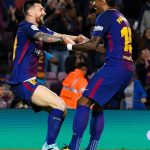 Lionel Messi and Paulinho celebrate during their thrashing of Eibar