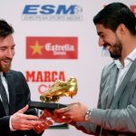 Messi received the European Golden Shoe From Luis Suarez, who had won it last year