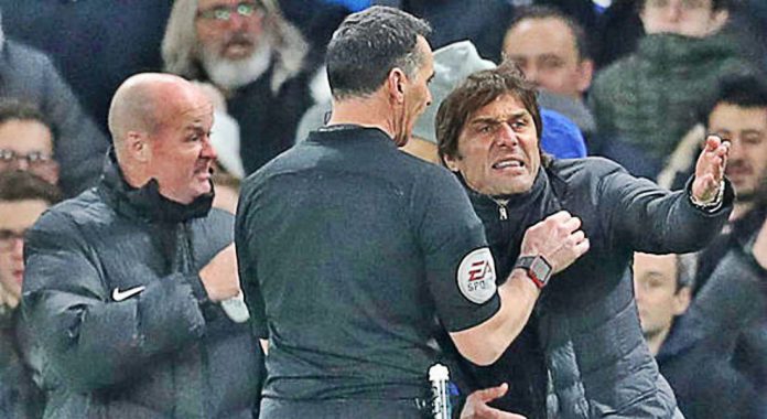 Chelsea manager Antonio Conte is sent to the stands by match referee Neil Swarbrick