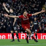 Trent Alexander-Arnold celebrates scoring his first Premier League goal for Liverpool