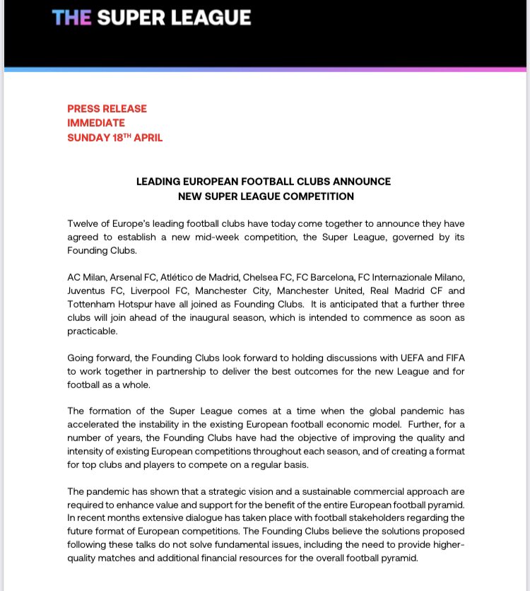 Press Release regarding formation of European Super League