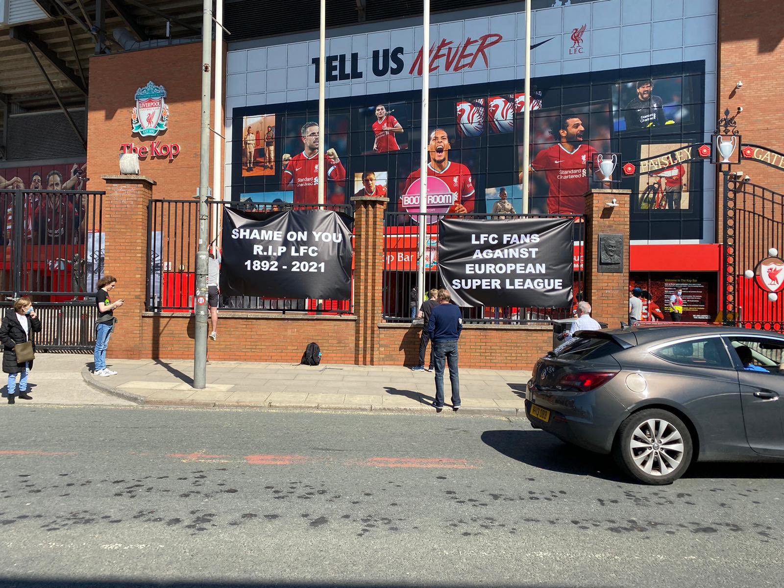 Liverpool fans protest the club's decision to join the European Super League 