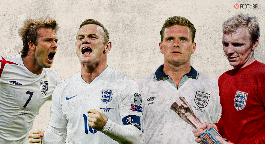 david beckham. wayne rooney, paul gascoigne, bobby moore