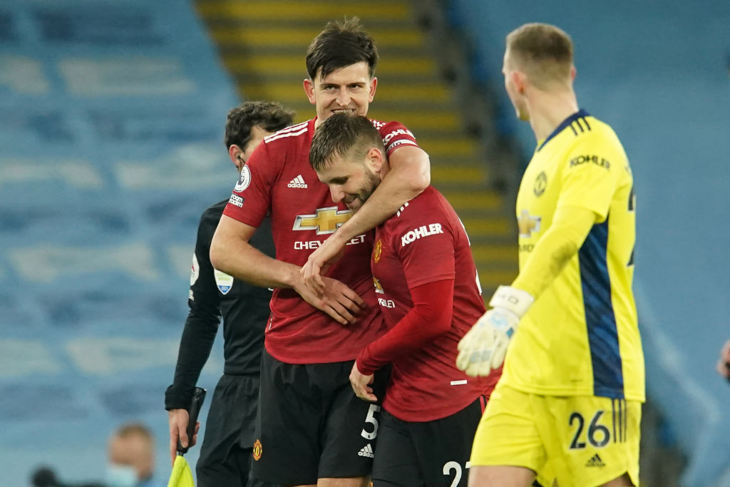 Luke Shaw with England and Man United teammates Harry Maguire and Dean Henderson
