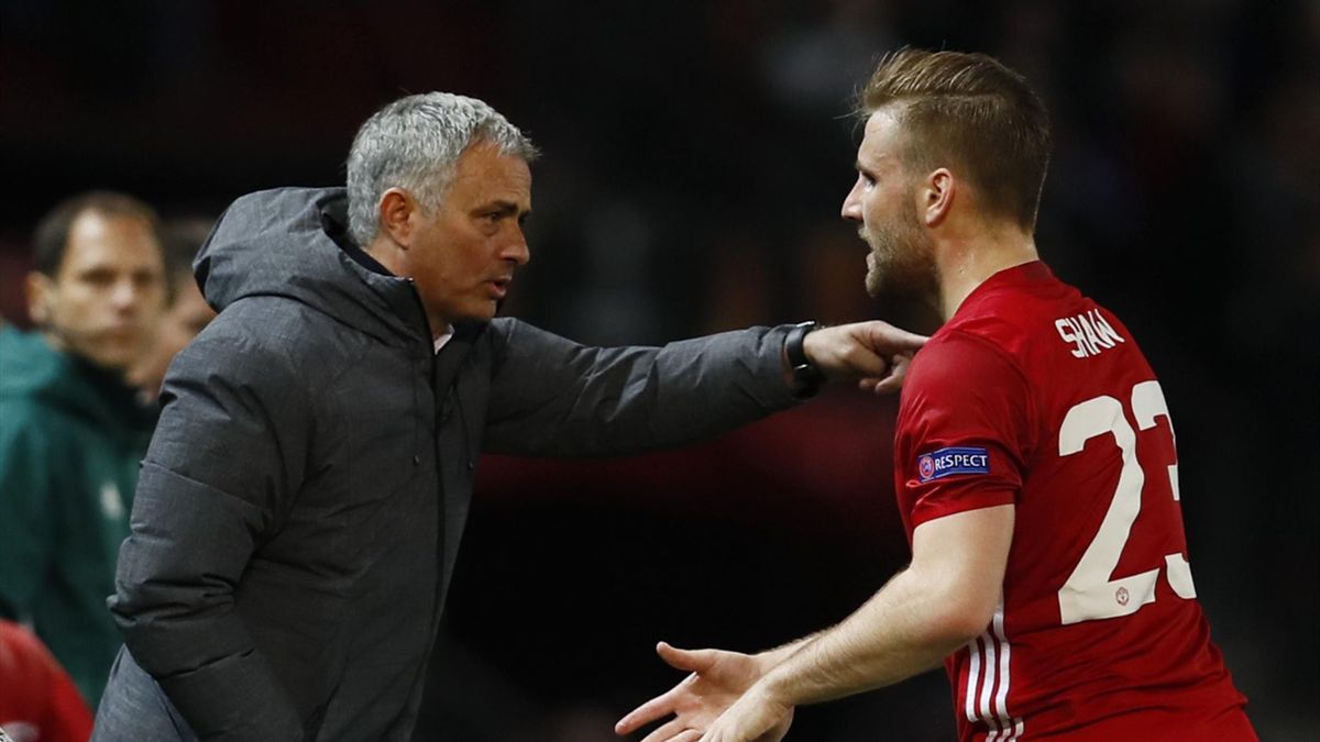 Luke Shaw arguing with Jose Mourinho on the touchline