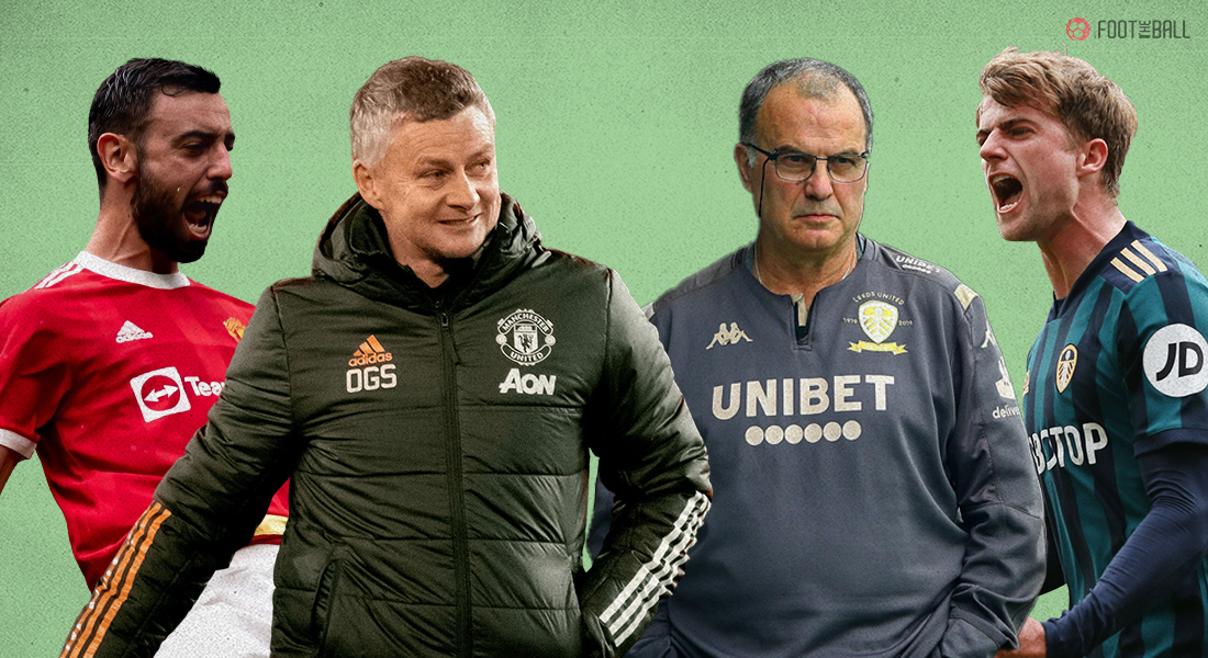 Bruno Fernandes and Patrick Bamford (background) + Ole Gunnar Solskjaer and Marcelo Bielsa