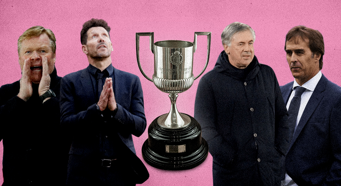 Ronald Koeman, Diego Simeone, Carlo Ancelotti, Julien Lopetegui with the La Liga trophy