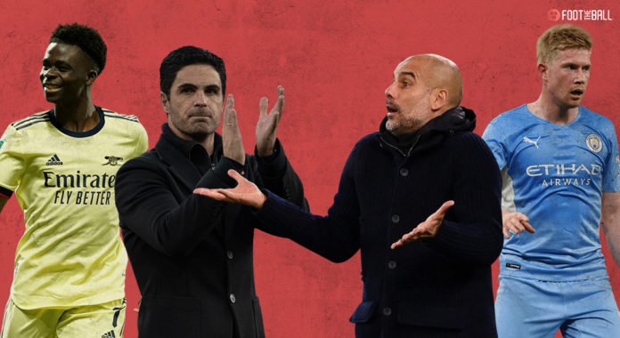 Bukayo Saka, Mikel Arteta, Pep Guardiola, Kevin De Bruyne