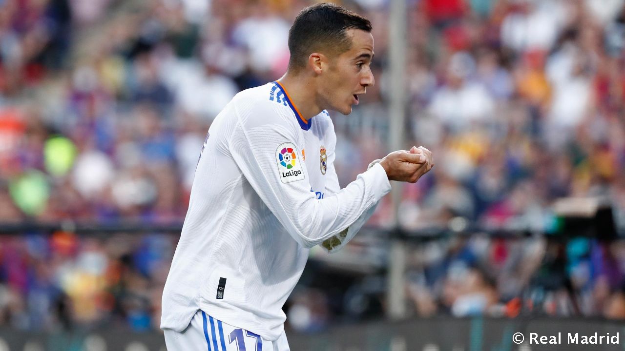 Lucas Vazquez celebrates after scoring against Barcelona